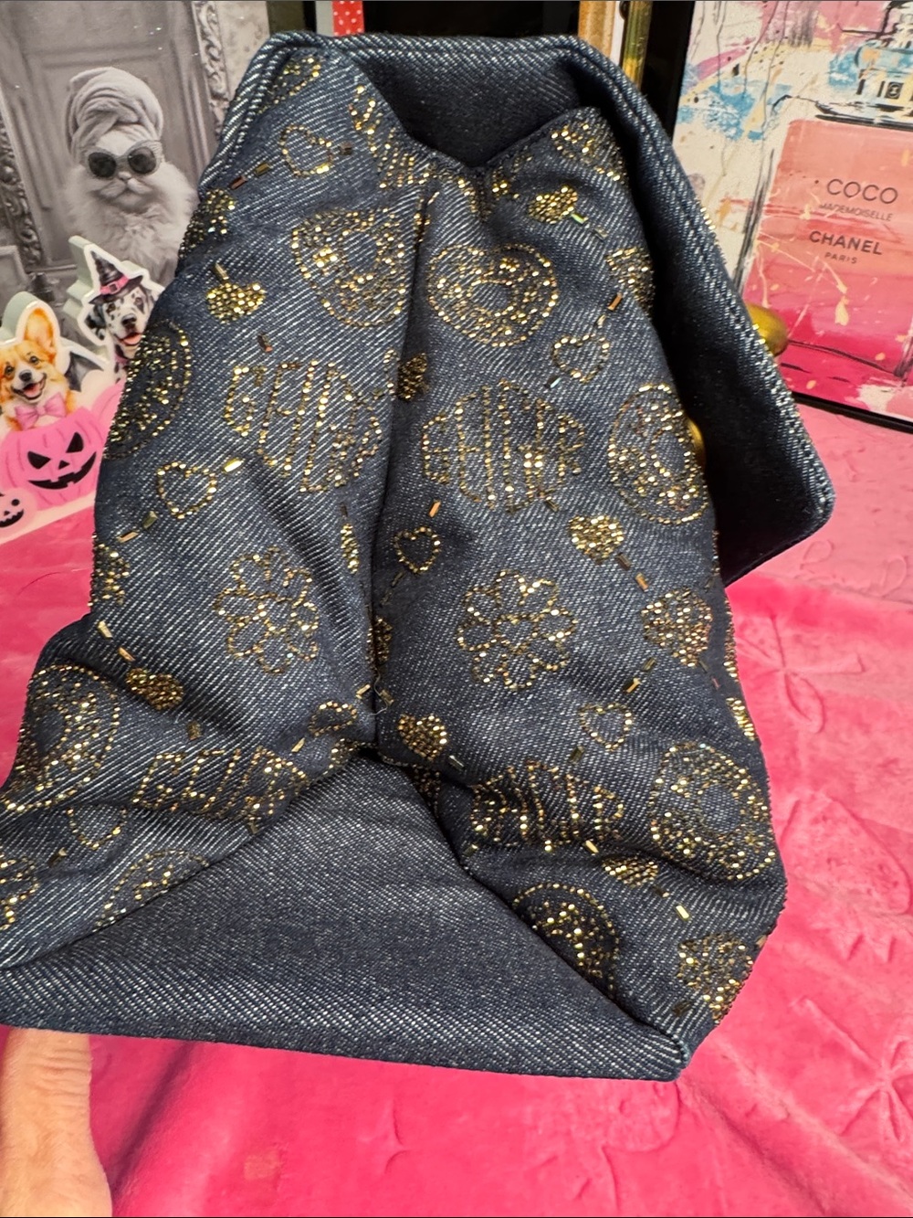 Kurt Geiger Rare XXL Battersea Denim Sparkle Bag - Dark Gold Chain NWT - Picture 6 of 17